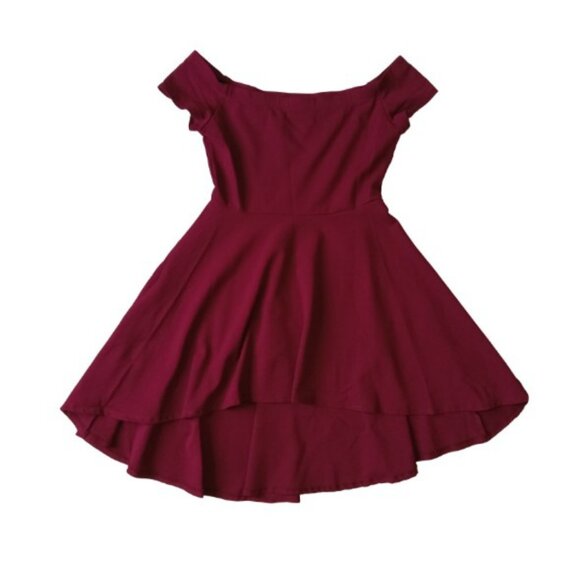 Forever Burgundy Red High Low Off the Shoulder Skater Style Dress Women's Large - Picture 1 of 12